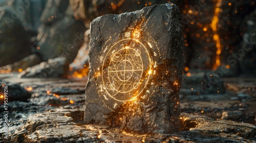 A glowing magical stone tablet with a complex pattern of symbols and runes etched into its surface. photo