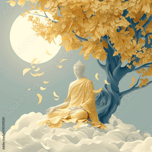 Serene Buddha Under Golden bhodi Tree in Full Moon Light photo