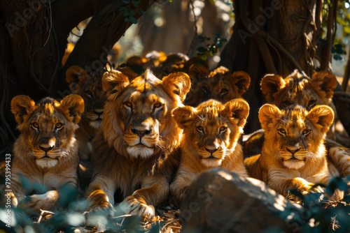 A pride of lions lounging in the shade, cubs playing under the watchful eyes of adults,