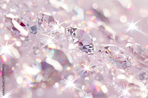 Dazzling gem-like sparkles shimmering against a soft transparent white background, symbolizing preciousness and luxury photo