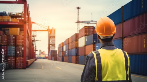 Container construction engineer, logistics worker standing in foreign shipping container storage yard. In safety work clothes Put on a safety hat work intently