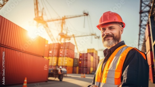 Container construction engineer, logistics worker standing in foreign shipping container storage yard. In safety work clothes Put on a safety hat work intently