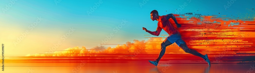 An artistic representation of a male runner in motion, with a vibrant trail of colors against a serene sunset backdrop.