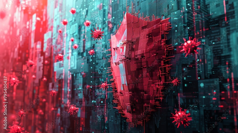 Obraz premium A glowing red and blue shield protects against a swarm of viruses.