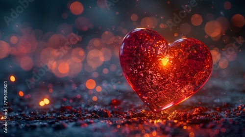 A glowing red heart sits on a bed of embers against a dark blue background.