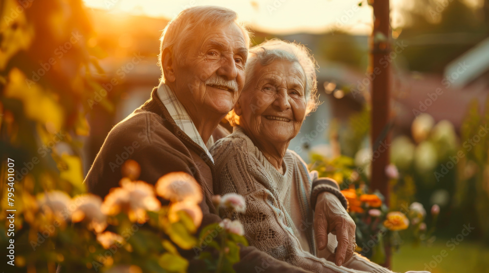 Obraz premium Portrait of an elderly couple relaxing in a green garden. Adult man and woman spending time together outdoors. Concept of old age, rest.