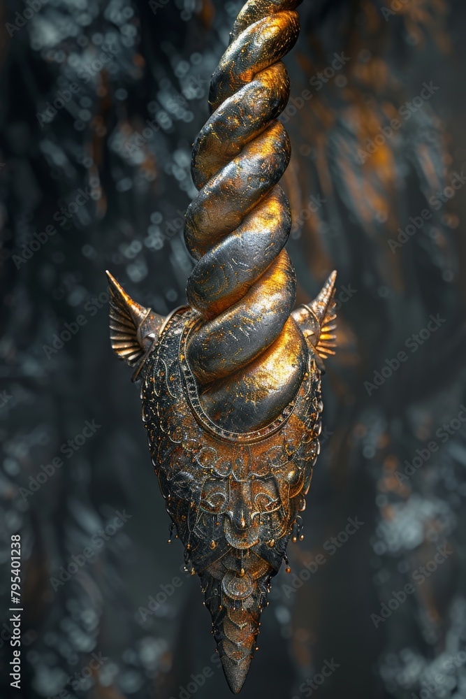 Fototapeta premium A golden and silver 3D rendering of a unicorn horn with intricate engravings.