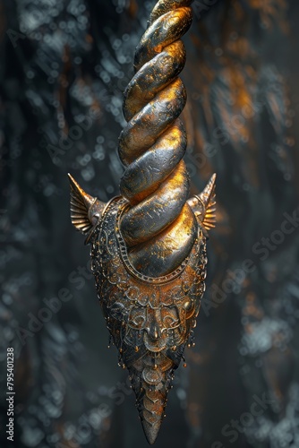 A golden and silver 3D rendering of a unicorn horn with intricate engravings.