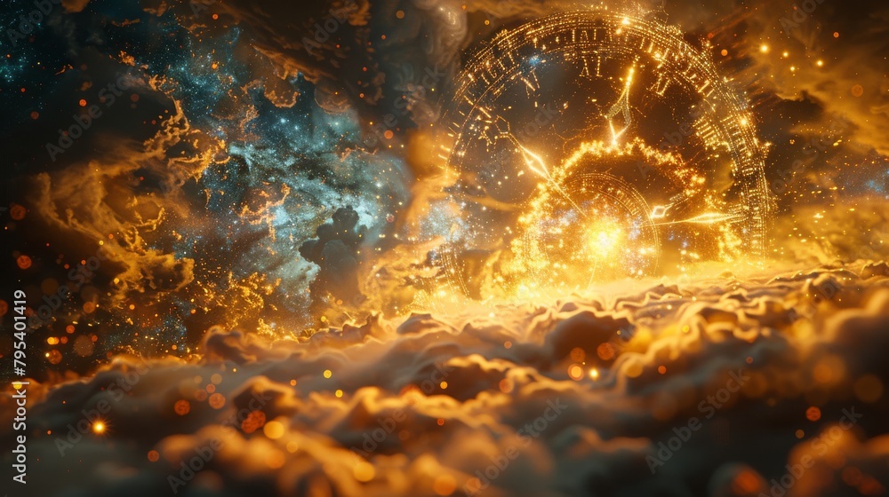A golden clockwork floats in a sea of stardust.