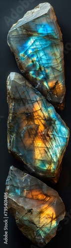 Three pieces of blue and orange colored rock photo