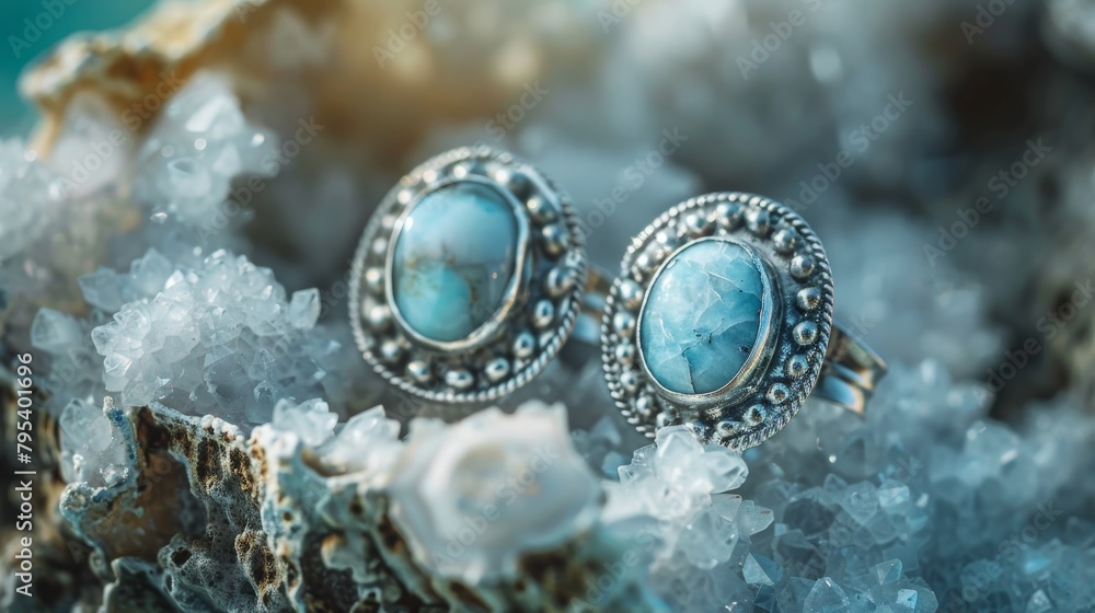 Two silver rings with blue stones on them are on top of a white rock Two silver rings with blue stones on them are on top of a white rock