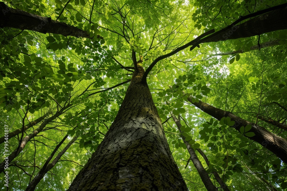 Naklejka premium Bottom-up view to massive tall banyan body. Beautiful simple AI generated image in 4K, unique.