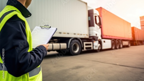 A male employee is checking the completeness of a cargo list written on a clipboard on a cargo truck parking lot. photo