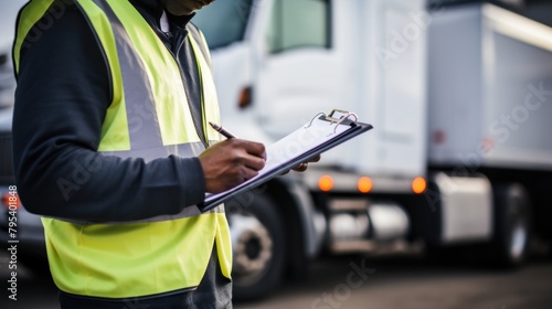 A male employee is checking the completeness of a cargo list written on a clipboard on a cargo truck parking lot. photo