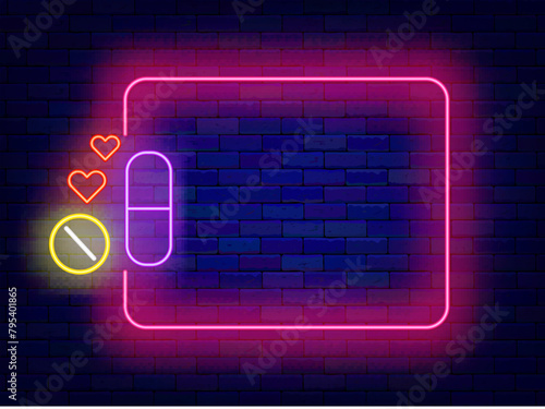 Love pills neon banner. Sex shop flyer. Adult toys. Empty pink frame and pheromone. Intimate toys. Copy space. Glowing poster. Editable stroke. Vector stock illustration