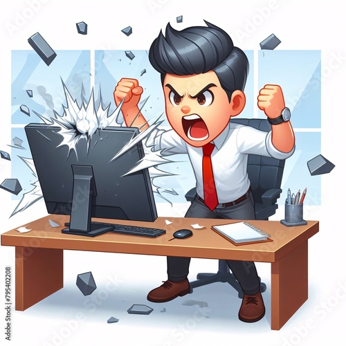 In a fit of rage, an office worker breaks his computer monitor, a metaphor for extreme stress and technology failure