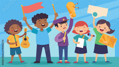 A group of children excitedly hold up handmade signs and cheer as their classmate jumps onto the stage for his first solo performance in a
