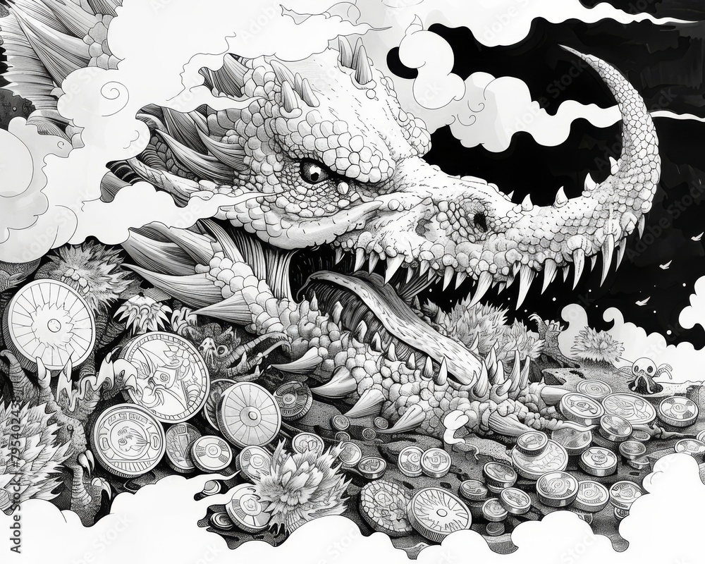 Fototapeta premium A grayscale image of a dragon hoarding a pile of coins. The dragon is in the foreground, facing the viewer, with its wings spread out behind it. The coins are scattered around the dragon, and there ar