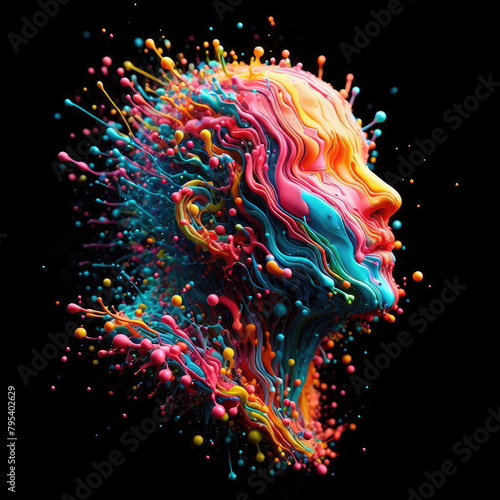 A dynamic and vivid representation of a human profile with an explosion of colorful paints
