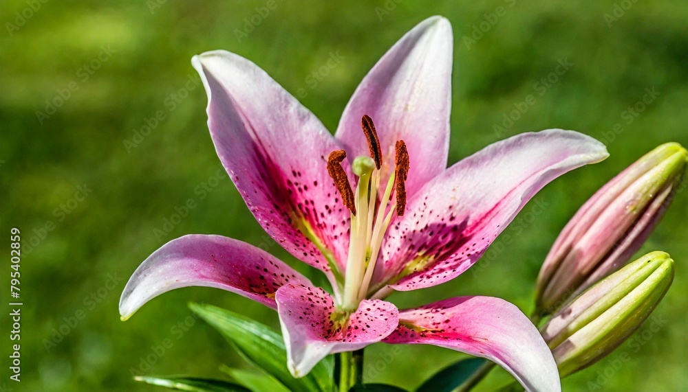 beautiful pink lily close up isolated on green background
