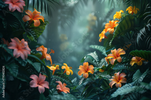 A tropical rainforest underbrush scene, lush and dense with exotic flowers and foliage,
