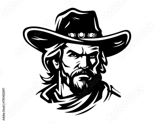 Vector illustration of a cowboy with a beard. Stylized portrait of man in hat in black and white. Isolated on white background. Concept of American West, rugged look, and heritage fashion.