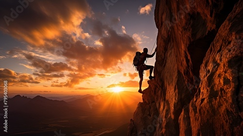 A rock climber scales a cliff face as the sun sets over a mounta