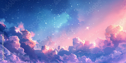 Watercolor sky with clouds and stars, dreamy, soft blue purple and pink color background , banner photo
