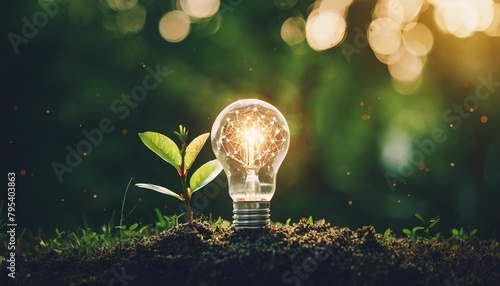 idea of renewable energy and energy saving energy saving light bulb and tree growing on the ground on bokeh nature background saving accounting and financial concept generative ai