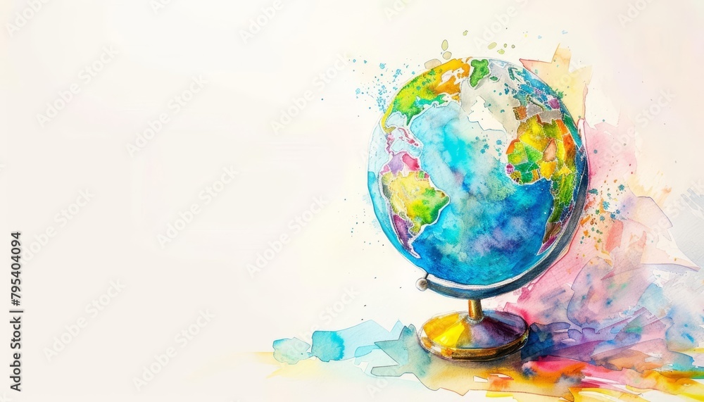 Naklejka premium A globe spins lightly on a desk, its countries blending together in a harmonious palette of watercolor hues, kawaii, bright water color