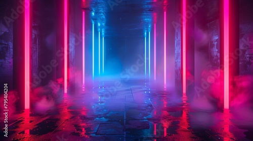 Mystical Hallway with Pink and Blue Neon Light Haze