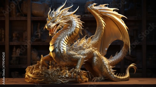 Capture the majesty of a gilded dragon sculpture in oil paints, showcasing intricate details and luminous scales under a dramatic light source © Starkreal