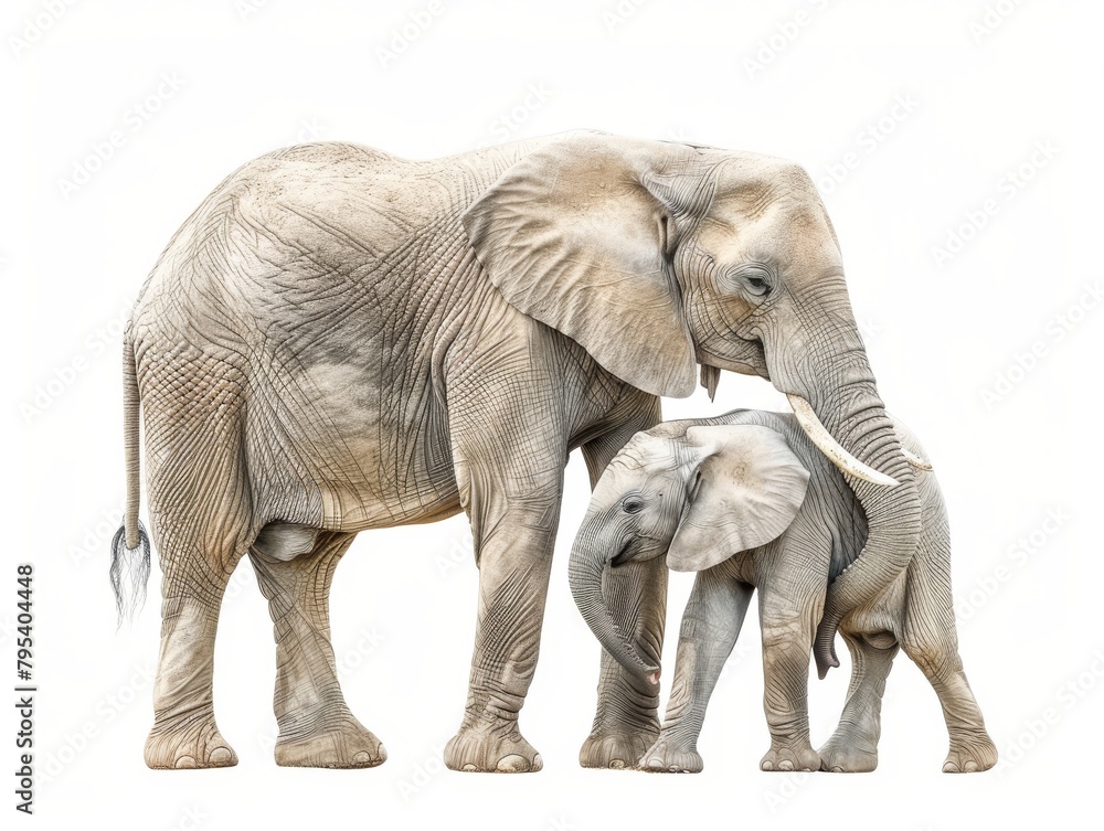 A large elephant stands next to a small elephant