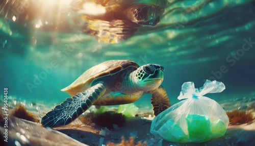 plastic pollution in ocean environmental problem turtles can eat plastic bags mistaking them for jellyfish dirty water concept