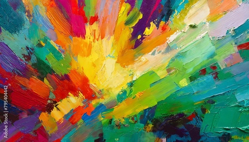 closeup of abstract rough colorful bold rainbow colors explosion painting texture with oil brushstroke pallet knife paint on canvas art background illustration photo