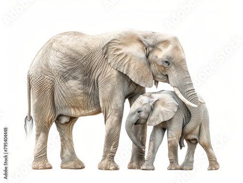 A large elephant stands next to a small elephant