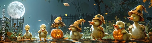 A group of ducklings waddle through a garden, each sporting a different pumpkinshaped helmet, quacking joyously under the autumn moon photo