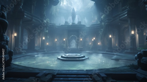 Craft a surreal, eye-level view of a serene spa nestled within a maze-like, ancient temple, with mist swirling around yoga practitioners as sinister gargoyles silently observe Merge health and archite photo