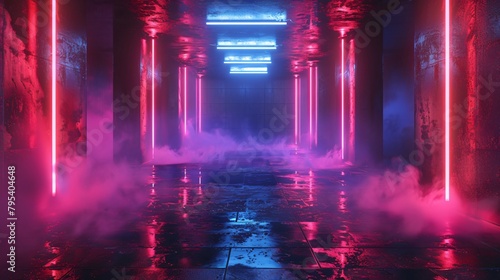 Neon-Lit Corridor with Mystical Fog