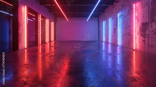 Neon-Lit Hallway in a Modern Industrial Building