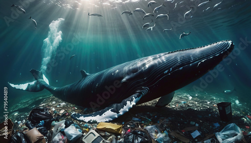A whale is swimming in a polluted ocean. environmental pollution. ocean pollution. Whale and Dolphin Day