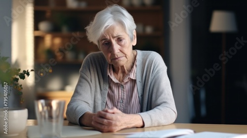 An old retired grandmother was at home with a pained expression on her face  sitting alone at the dining room table. Feeling lonely  sad  missing