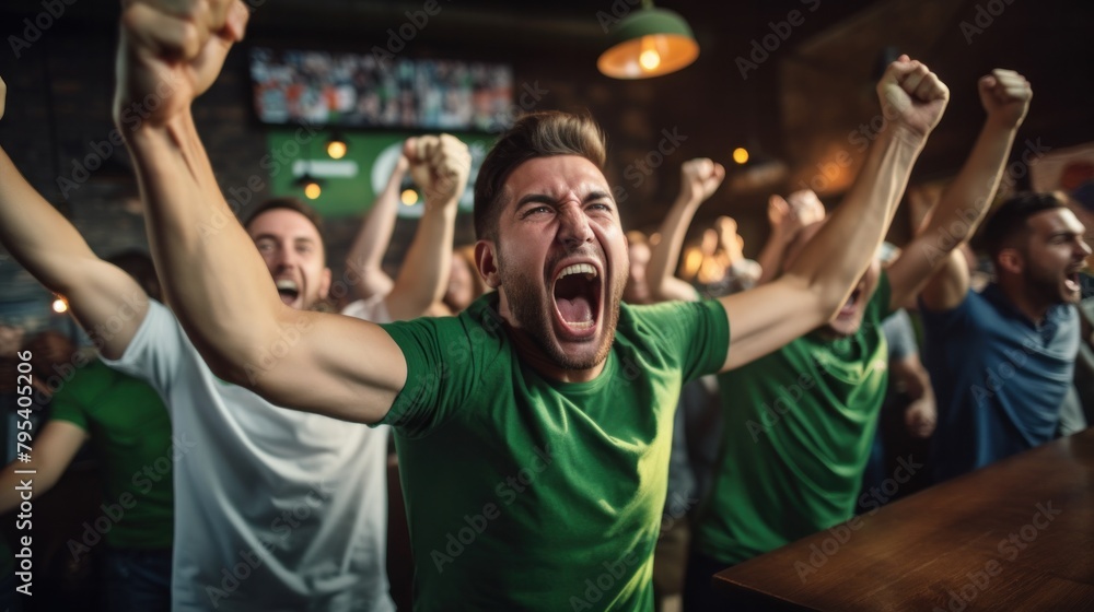 Excited soccer fans celebrate while watching soccer matches on TV during the World Cup in a bar. happily Excited soccer fans celebrate while watching soccer matches on TV during the World Cup in a bar. happily