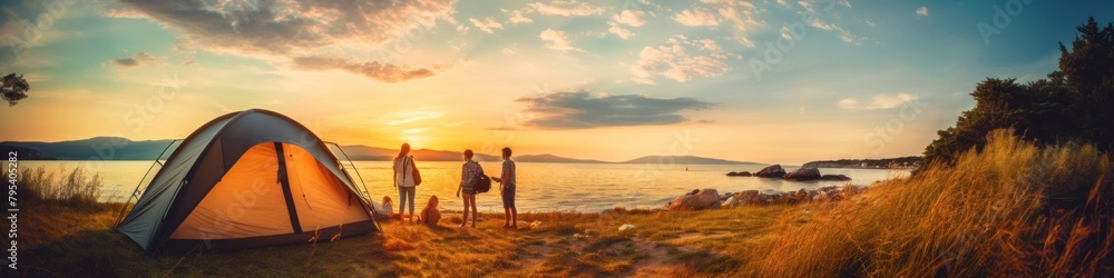 family vacation Camping with a tent amid nature at sunset Man and children near the seashore See the view at sunset