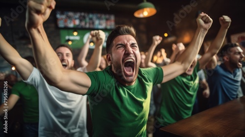 Excited soccer fans celebrate while watching soccer matches on TV during the World Cup in a bar. happily