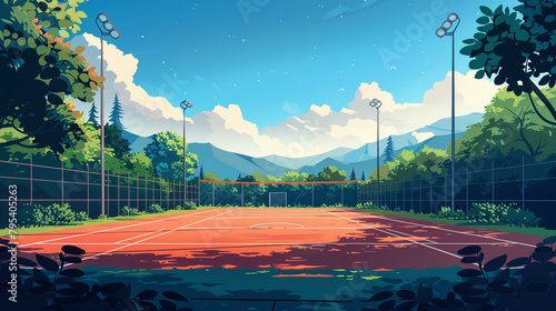 Outdoor baseball court scene in flat graphics