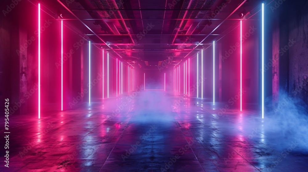 Vibrant Neon-Lit Corridor with Hazy Atmosphere Vibrant Neon-Lit Corridor with Hazy Atmosphere