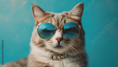 fashion cat in sunglasses blue background generative ai