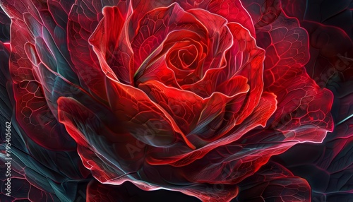 A roses red petals are enhanced in macro by multiexposure techniques, revealing hidden patterns of genetic modifications aimed at extending its natural lifespan