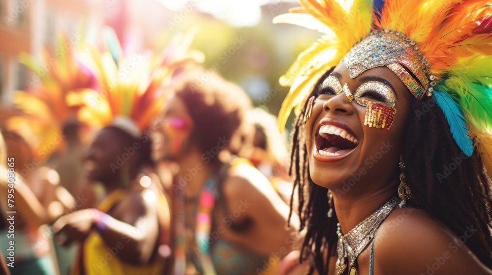 Group of happy young men and women in carnival costumes dancing and having fun in street festivities.